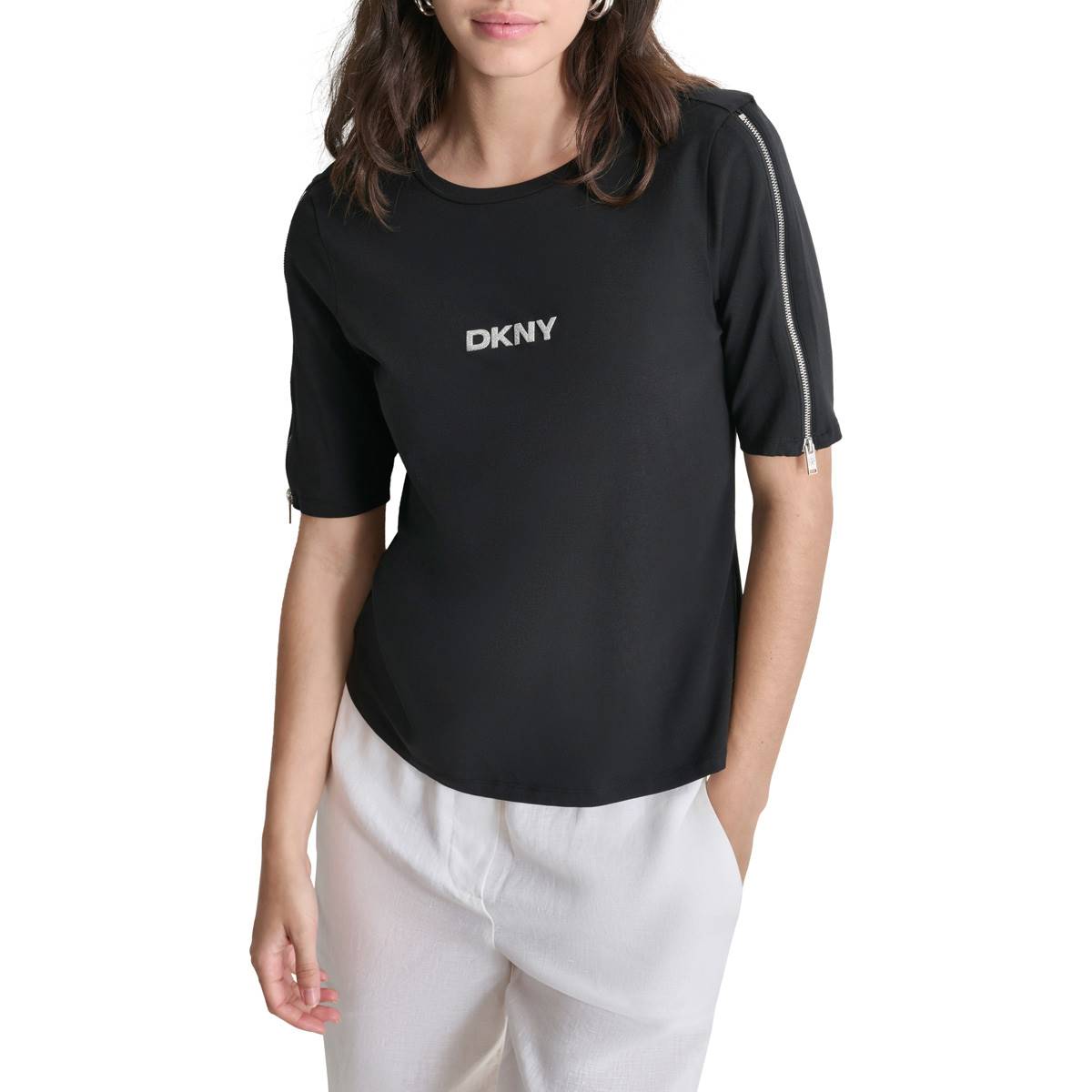 Womens DKNY Logo Zip Elbow Sleeve Stretch Tee