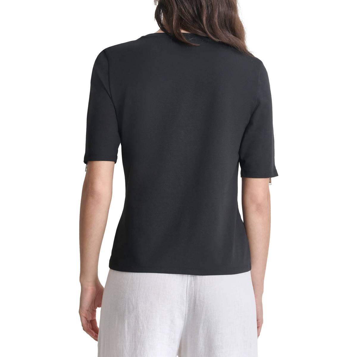 Womens DKNY Logo Zip Elbow Sleeve Stretch Tee