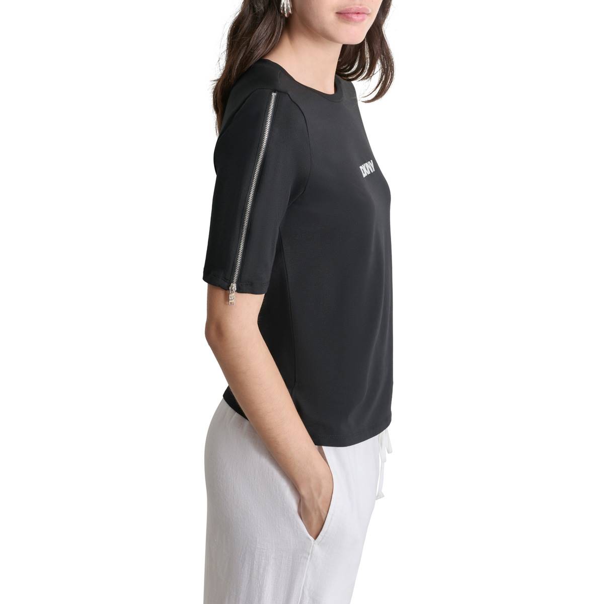 Womens DKNY Logo Zip Elbow Sleeve Stretch Tee