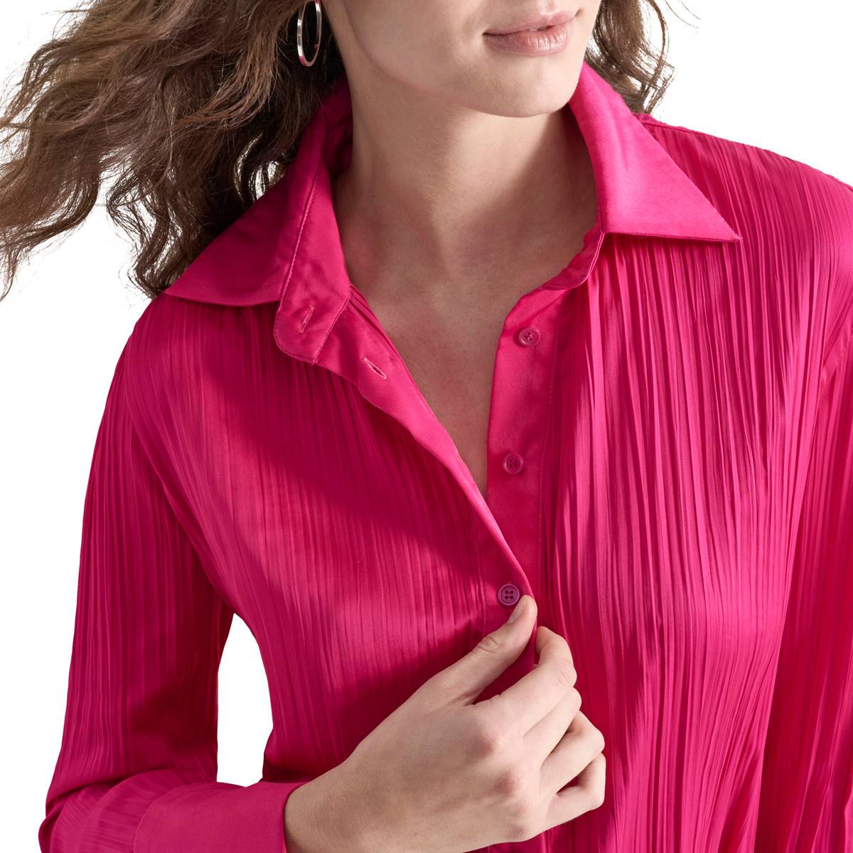 Womens DKNY Long Sleeve Pleated Satin Button Front Blouse