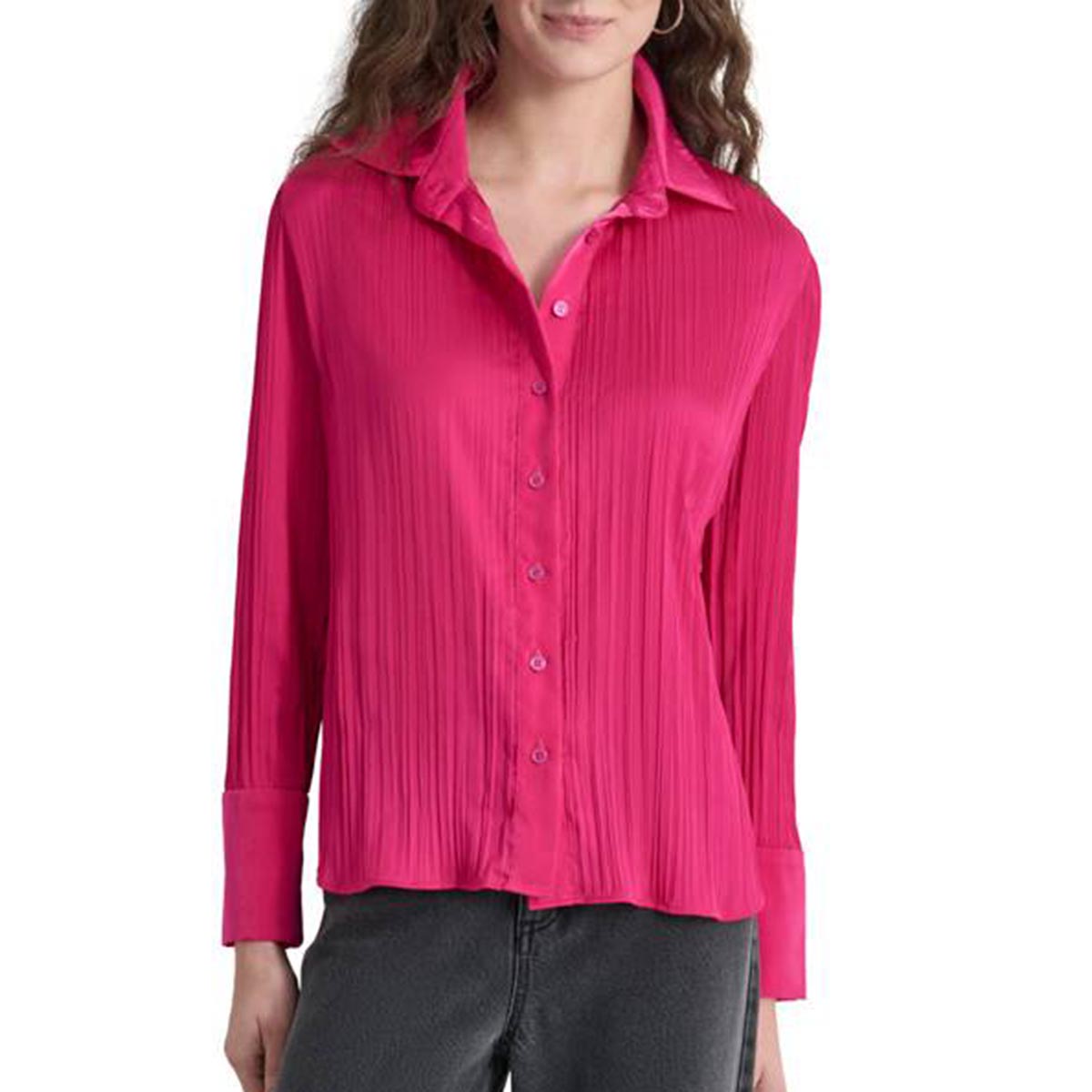 Womens DKNY Long Sleeve Pleated Satin Button Front Blouse