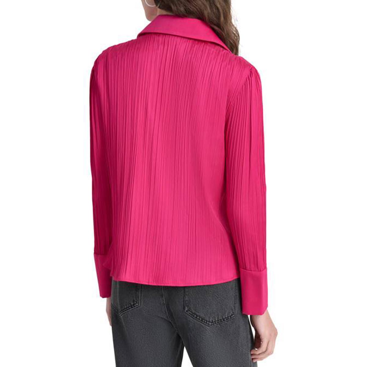 Womens DKNY Long Sleeve Pleated Satin Button Front Blouse