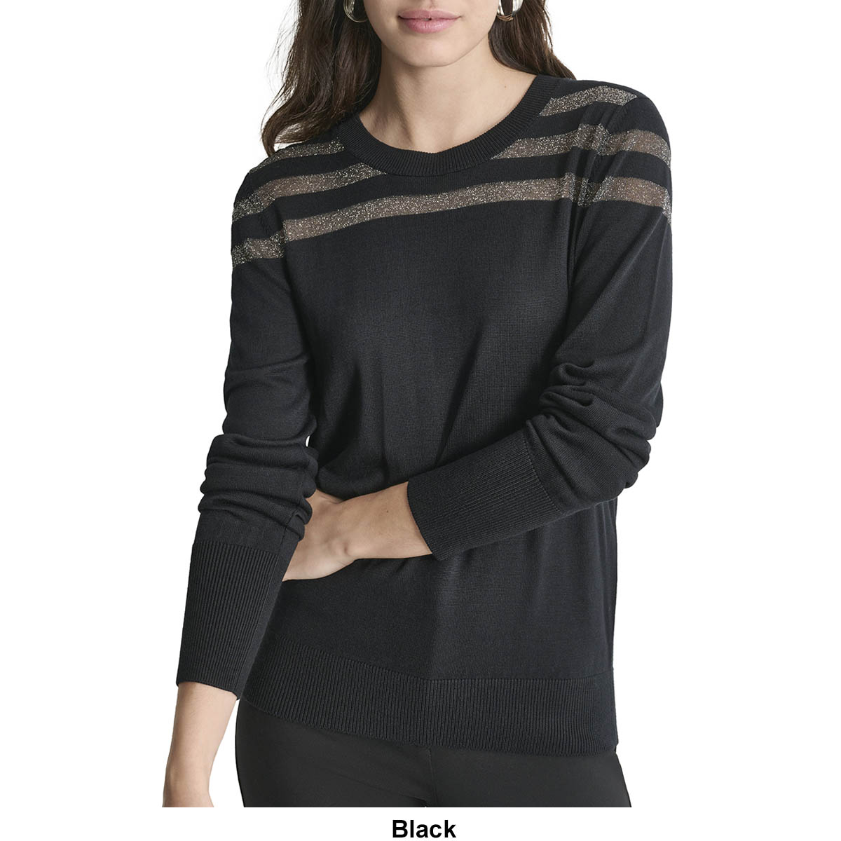 Womens DKNY Long Sleeve Sheer Yarn Stripe Sweater