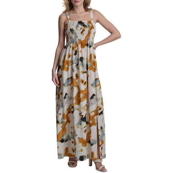 Womens DKNY Sleeveless Sunburst Floral Smocked Maxi Dress