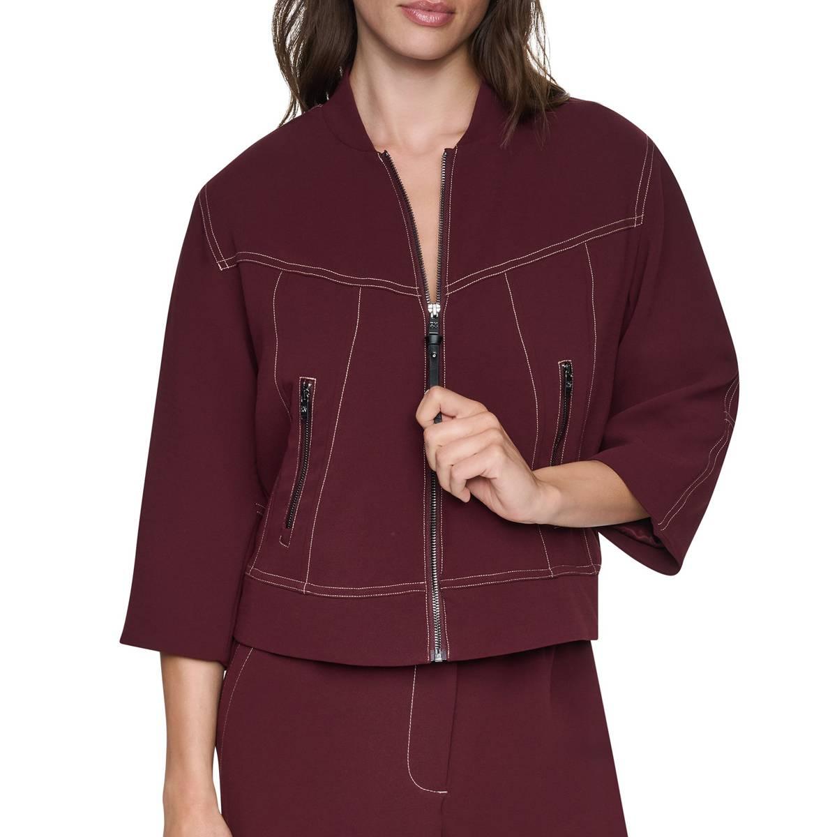 Dkny Women's 3/4-Sleeve Contrast-Stitch Cropped Jacket - Cabernet