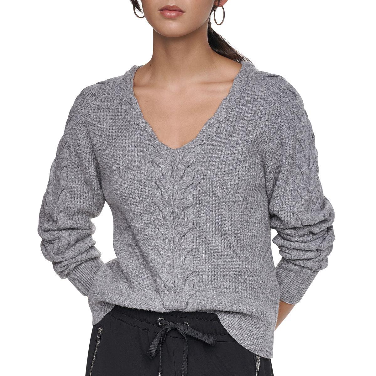 Dkny Women's Cable-Knit V-Neck Sweater - Feather Heather