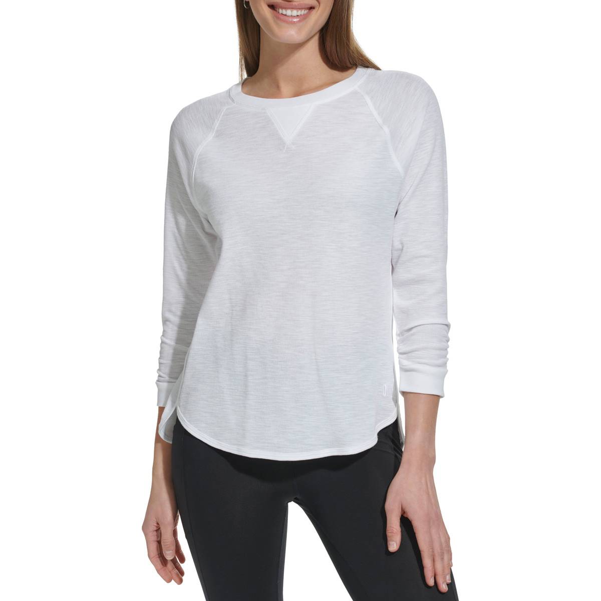 Womens DKNY Sport 3/4 Sleeve Crew Neck V-Notch Solid Tee