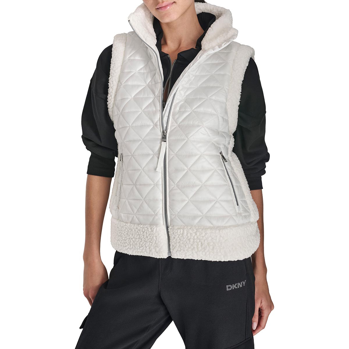 Womens DKNY Sport Sherpa Trim Diamond Quilted Mock Neck Vest