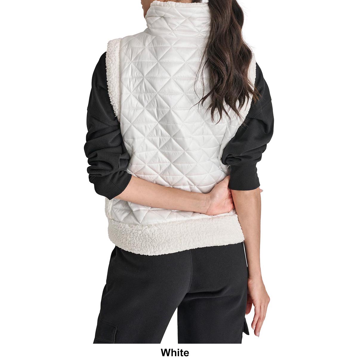 Womens DKNY Sport Sherpa Trim Diamond Quilted Mock Neck Vest