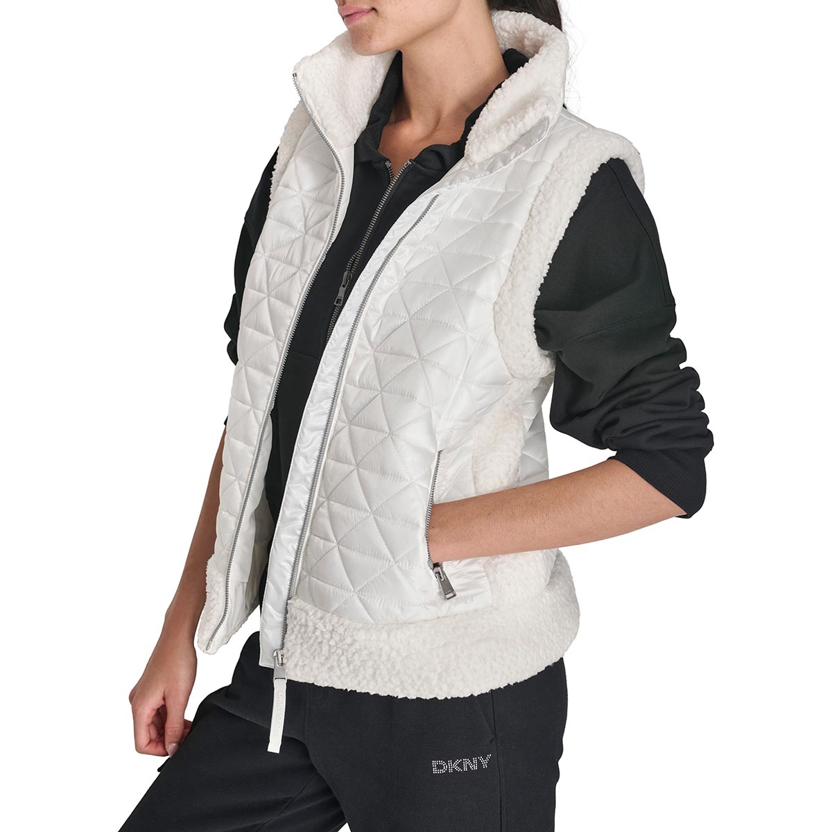 Womens DKNY Sport Sherpa Trim Diamond Quilted Mock Neck Vest