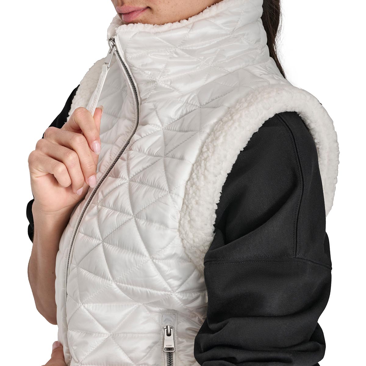 Womens DKNY Sport Sherpa Trim Diamond Quilted Mock Neck Vest