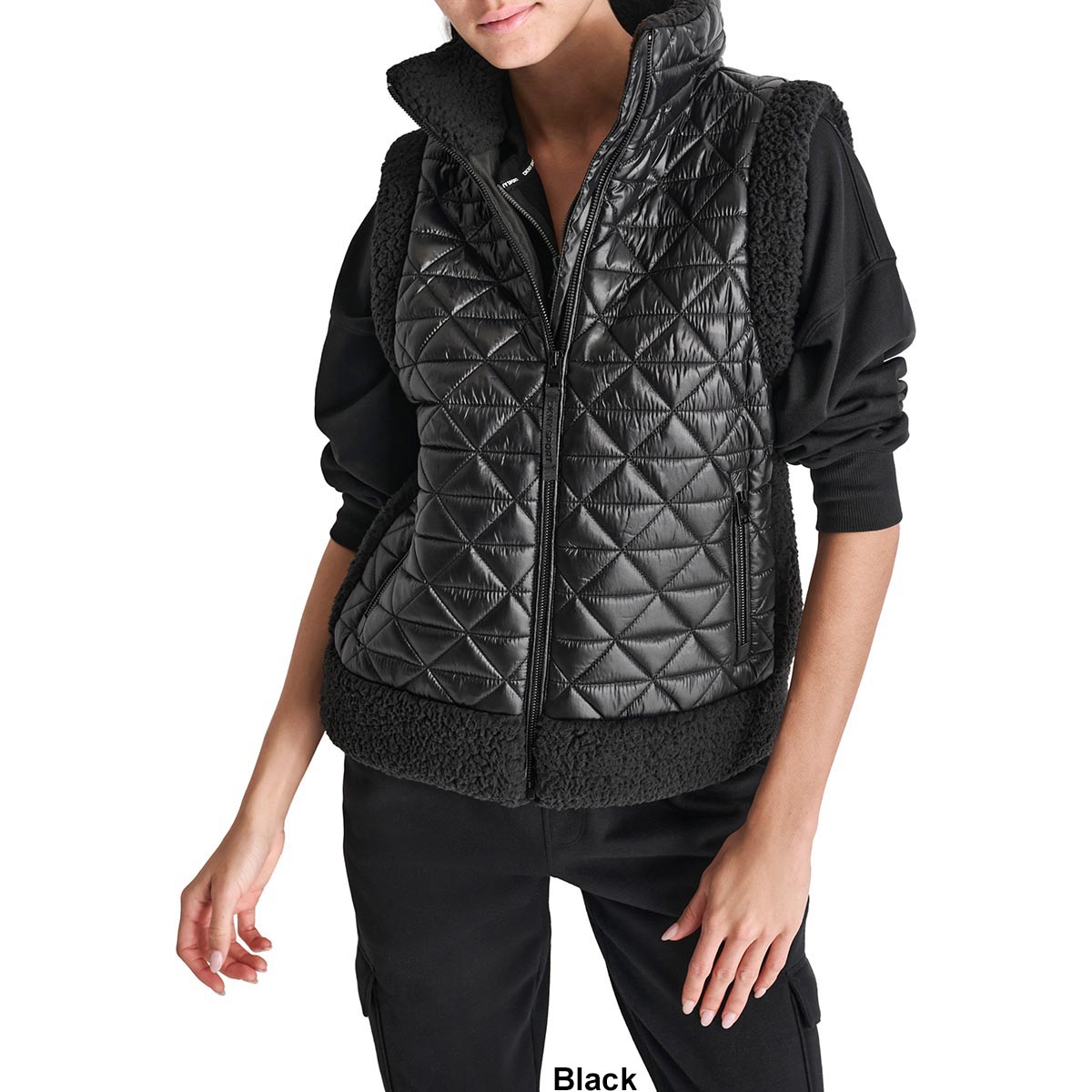 Womens DKNY Sport Sherpa Trim Diamond Quilted Mock Neck Vest