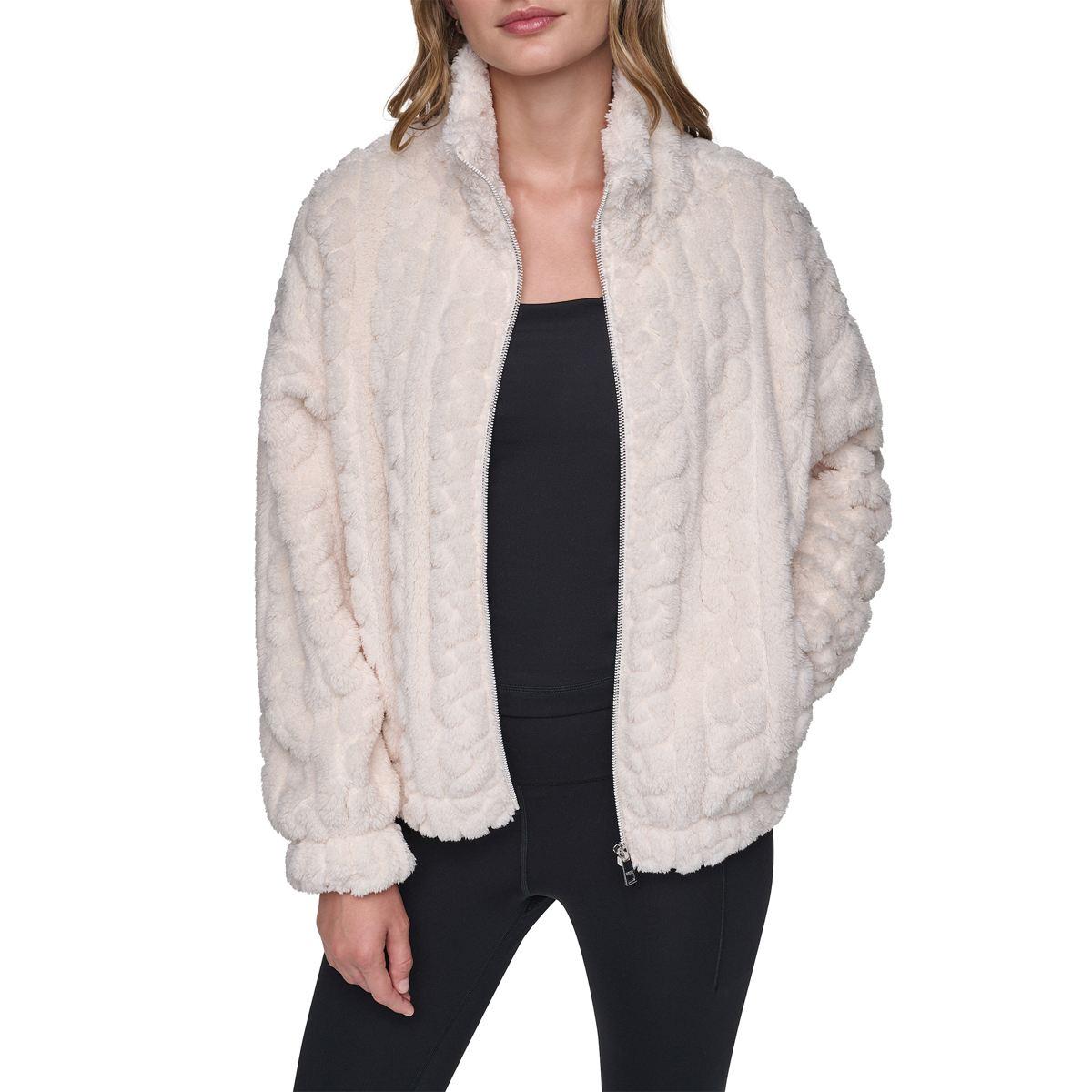 Dkny Sport Women's Cable-Patterned Sherpa Full Zip Jacket - Eggnog