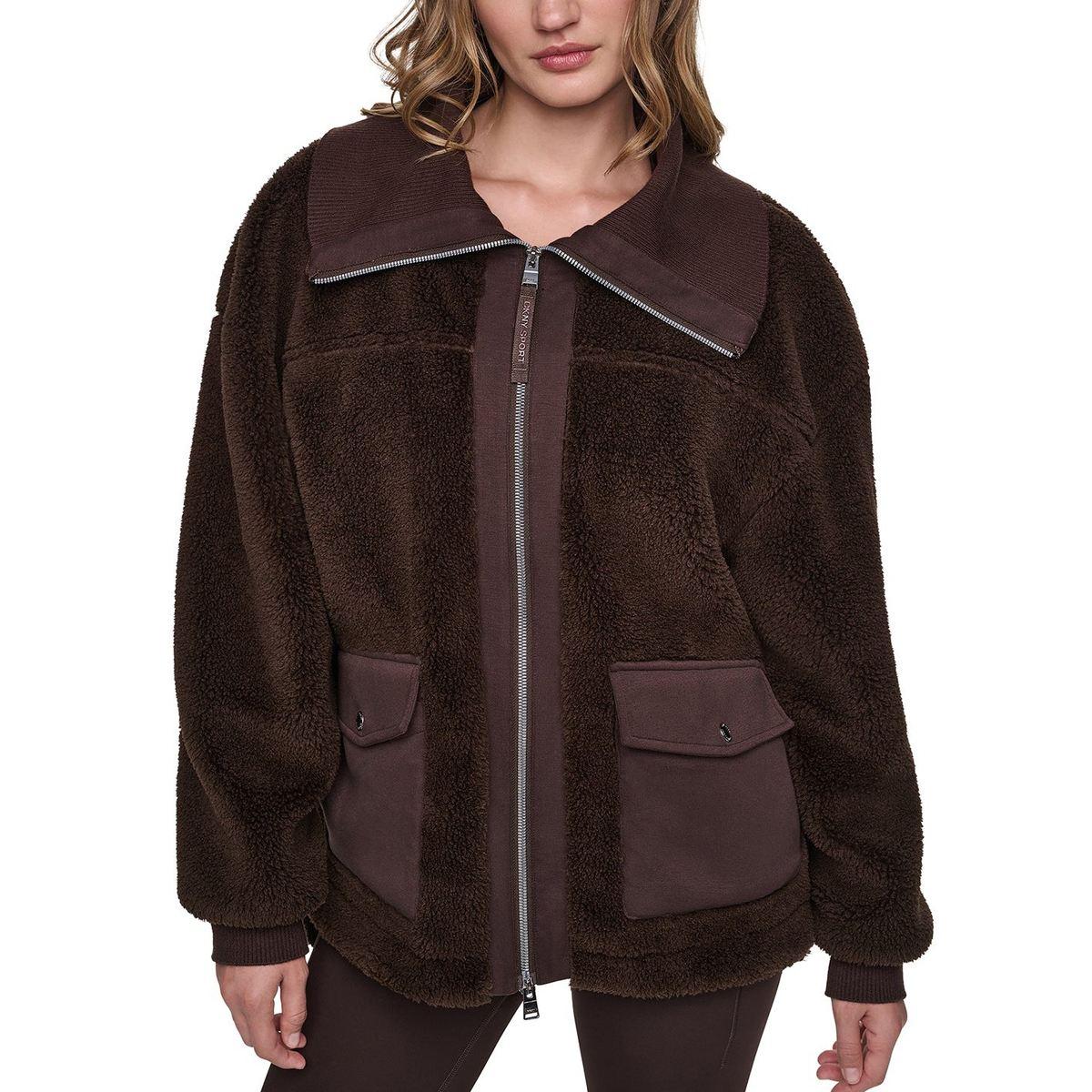 DKNY Women's Funnel Neck Sherpa Jacket in Espresso/Espresso Size Medium