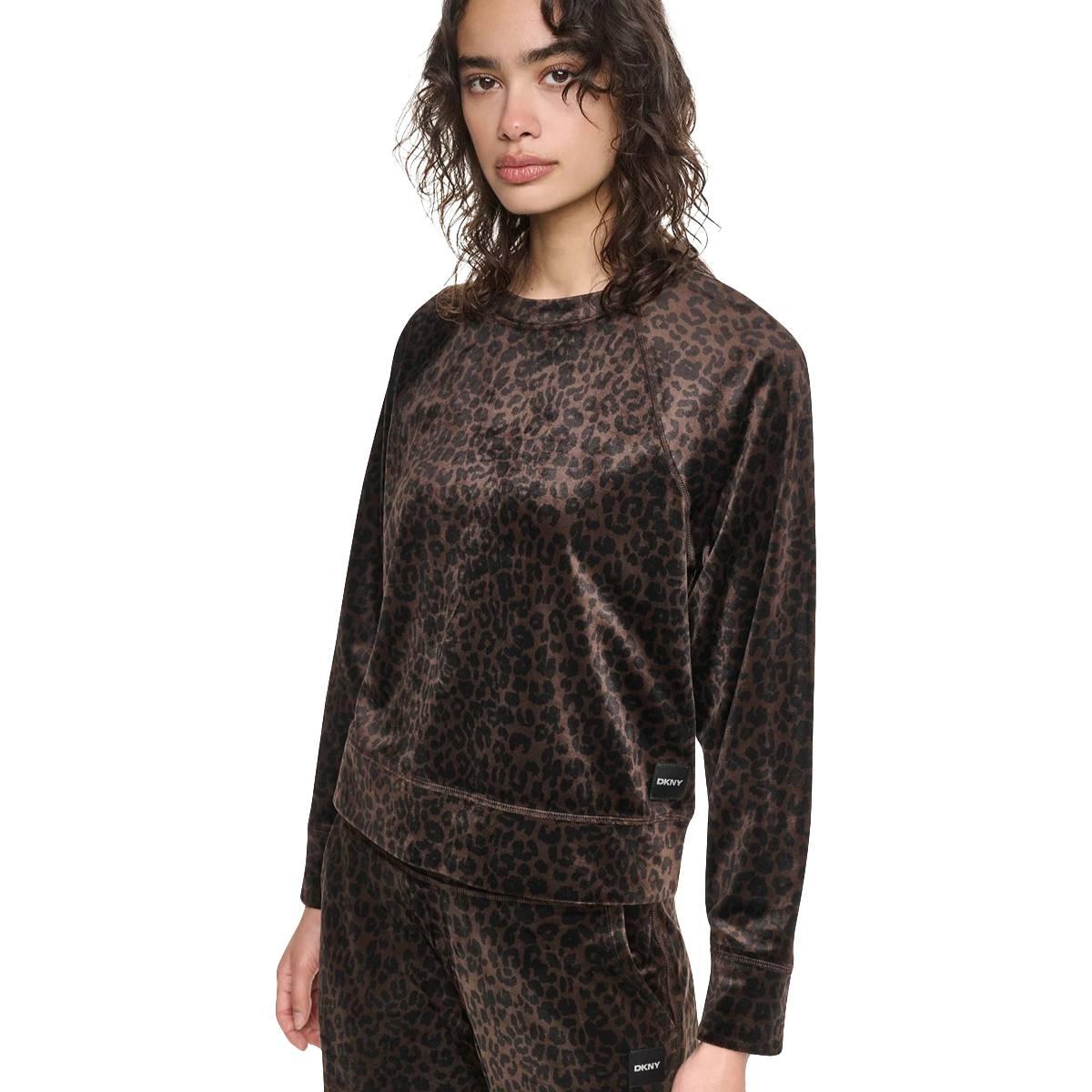 Dkny Sport Women's Leopard-Print Super-Soft Velour Raglan Pullover Top - Leopard Espresso