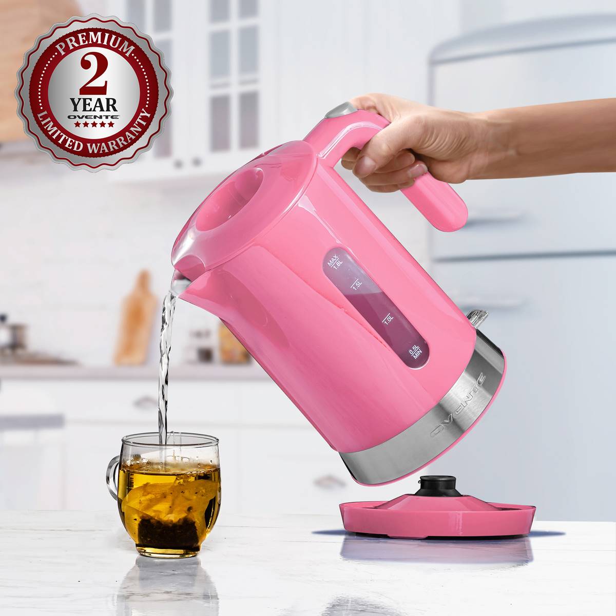 Ovente 1.8 Liter Electric Kettle W/ ProntoFill(tm) Lid - Pink