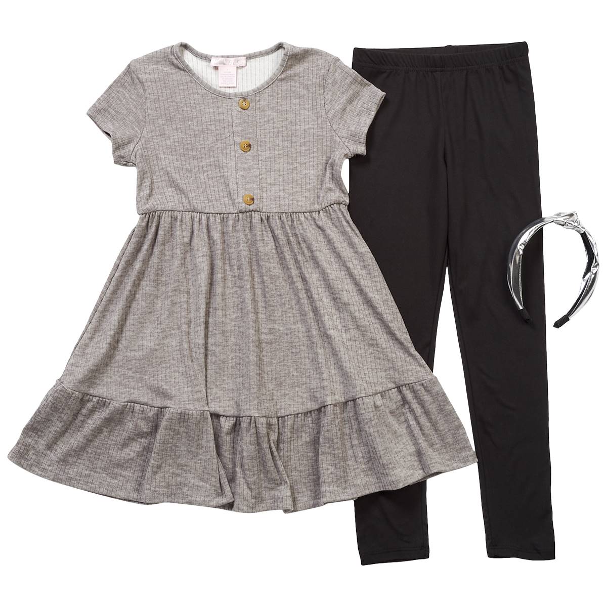 Girls (7-12) Emma & Elsa Rib Knit Grey Dress W/ Leggings