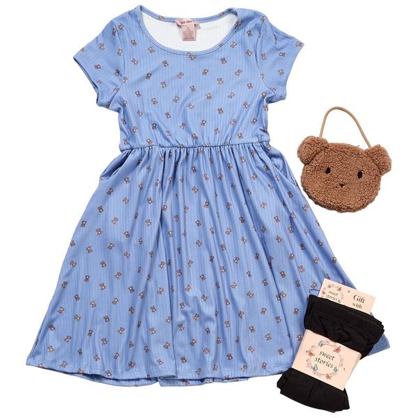 Girls (4-6x) Sweet Stories Teddy Bear Dress w/ Tights & Purse