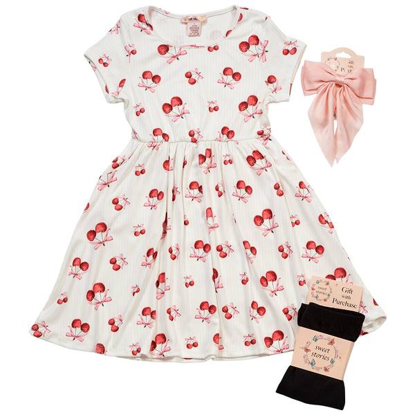 Girls (4-6x) Sweet Stories Cherry Bow Dress w/ Tights & Bow