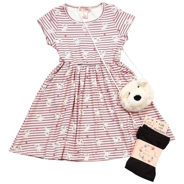 Girls (4-6x) Sweet Stories Dog Striped Dress w/Tights & Dog Purse