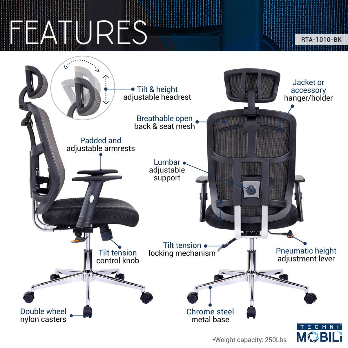 Techni Mobili High Back Executive Mesh Adjustable Office Chair