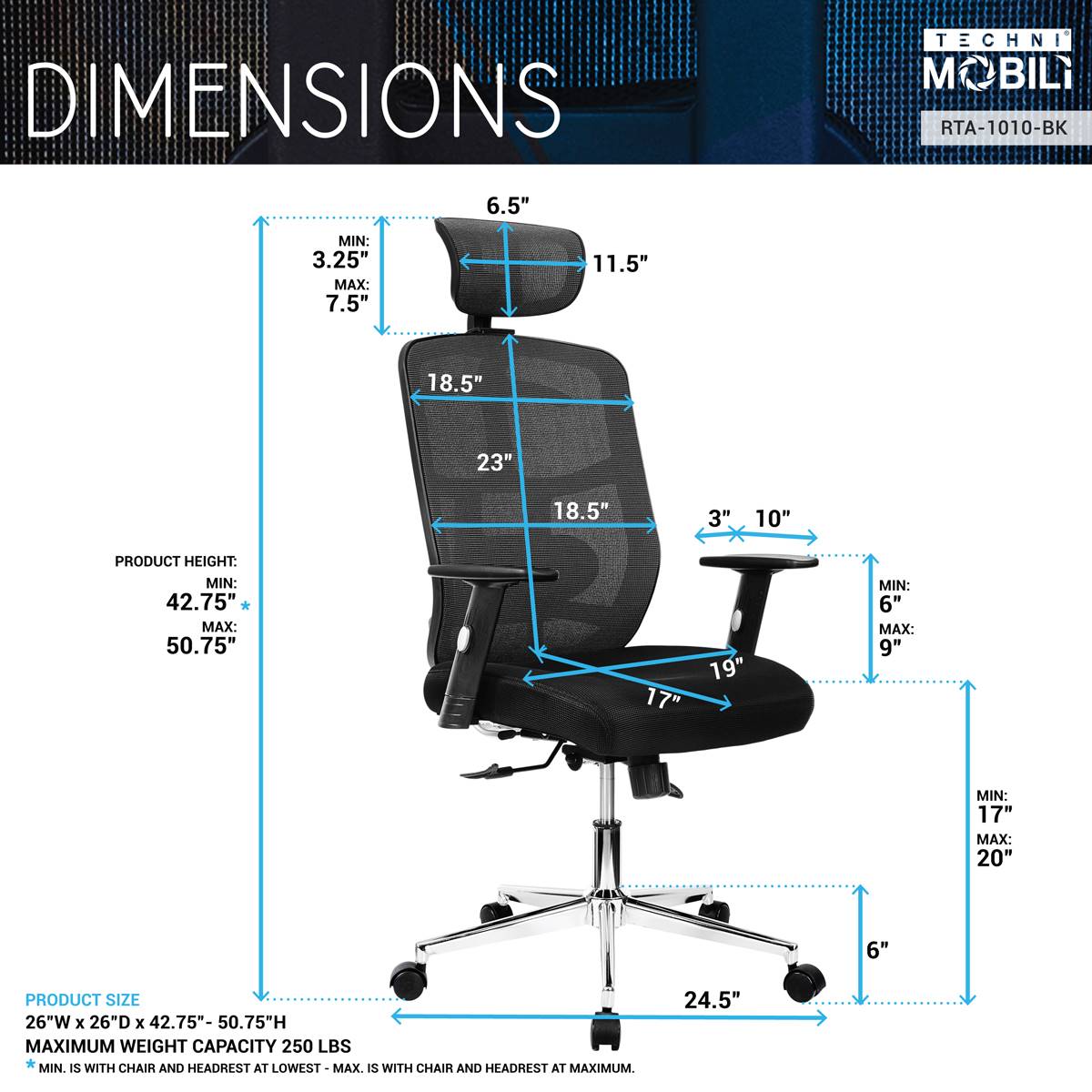 Techni Mobili High Back Executive Mesh Adjustable Office Chair