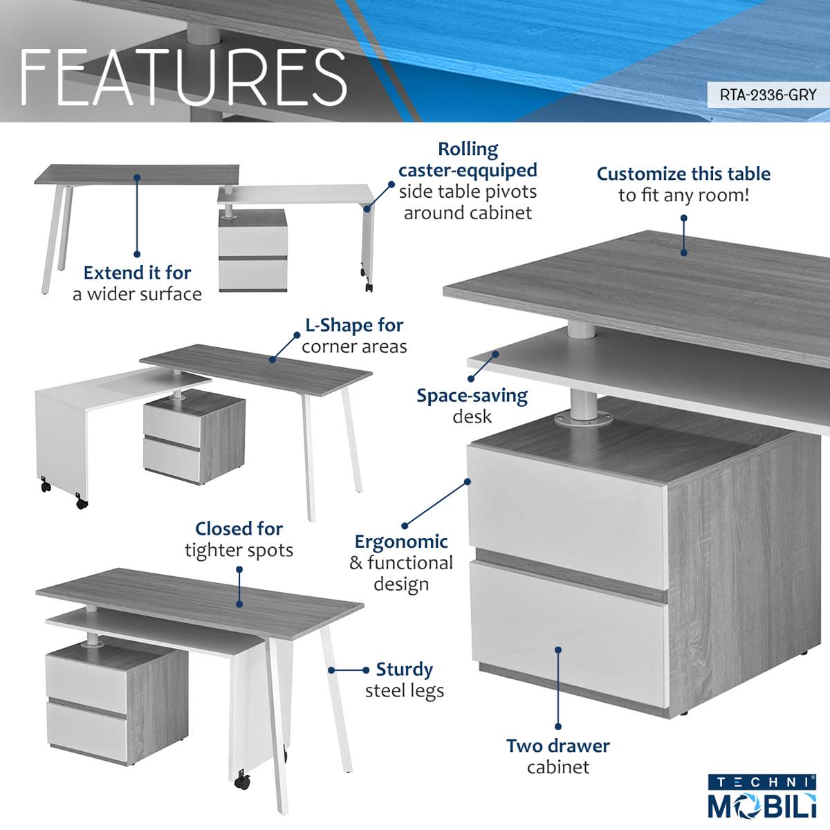 Techni Mobili Rotating Multi-Positional Modern Desk