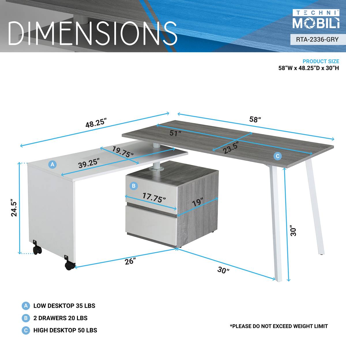 Techni Mobili Rotating Multi-Positional Modern Desk