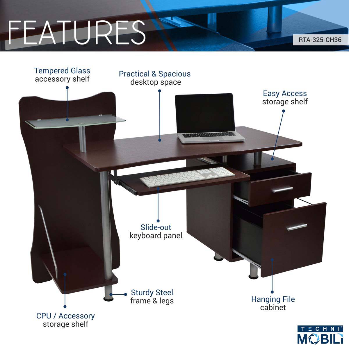 Techni Mobili Stylish Computer Desk W/ Storage