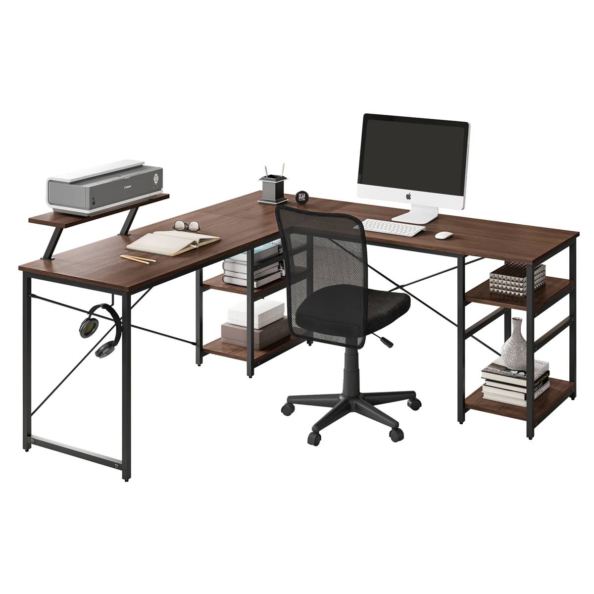 Techni Mobili L-Shape Industrial Desk W/ Storage Shelves