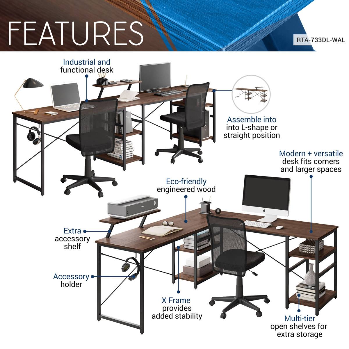 Techni Mobili L-Shape Industrial Desk W/ Storage Shelves