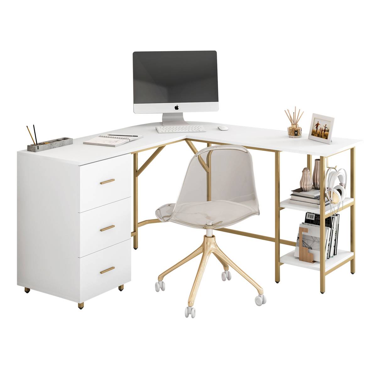 Techni Mobili L-Shape Home Office Two-Tone Desk W/ Storage