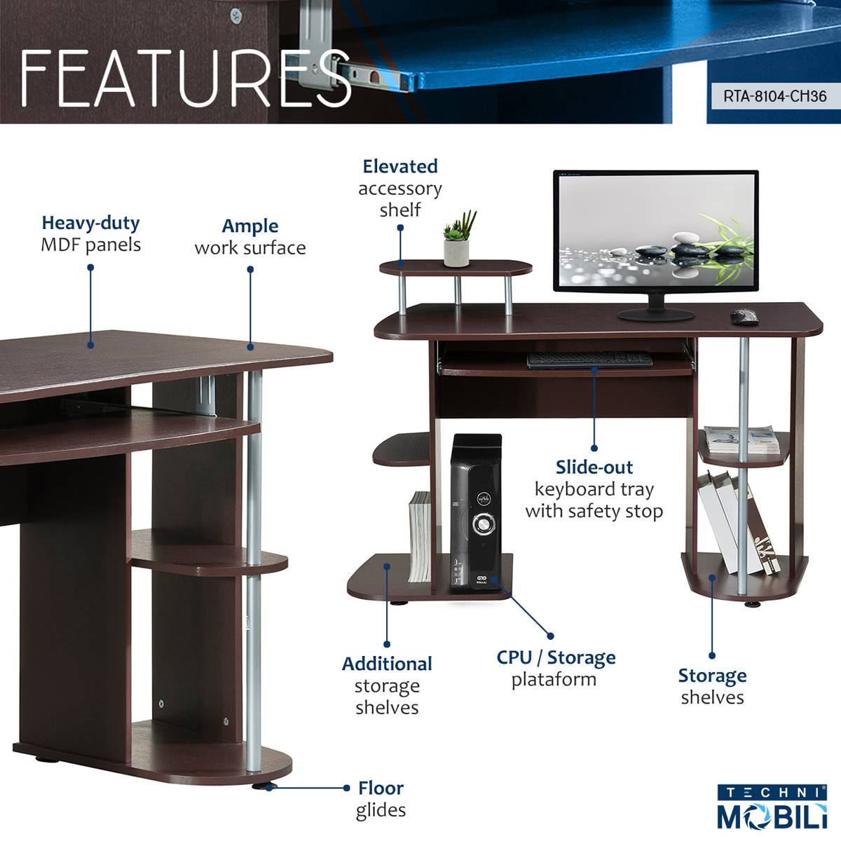 Techni Mobili Complete Computer Workstation Desk W/ Shelves