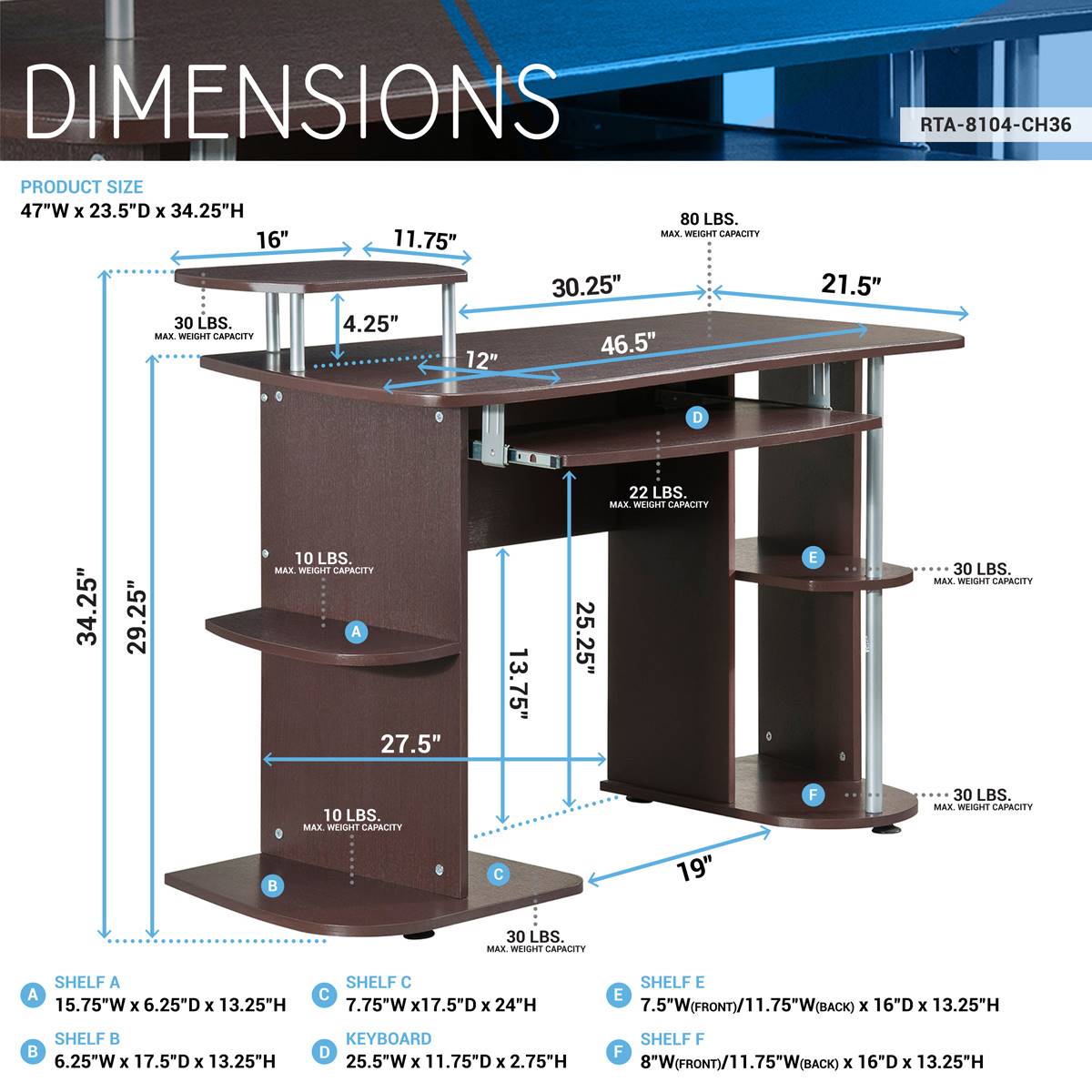 Techni Mobili Complete Computer Workstation Desk W/ Shelves