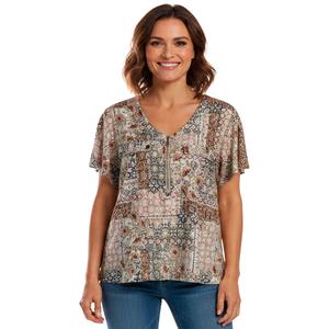 Petite Emily Daniels Short Sleeve Patchwork Zip Neck Blouse