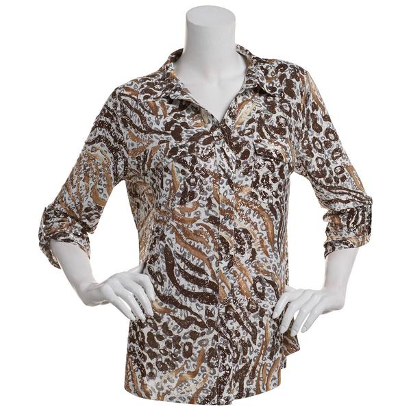 Plus Size Emily Daniels 3/4 Sleeve Foil Animal Button Blouse