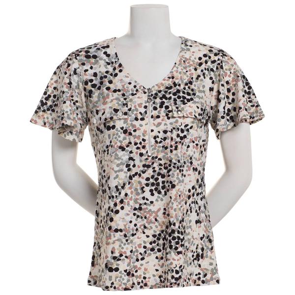 Plus Size Emily Daniels Short Sleeve 1/4 Zip Dot Jacquard Blouse