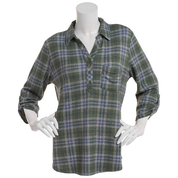 Petite Emily Daniels 1-Pocket Plaid Hacci Blouse-Green/Blue alternate view