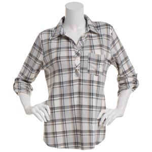 Plus Size Emily Daniels 3/4 Sleeve Plaid Hacci Blouse- Grey/Ivory alternate view
