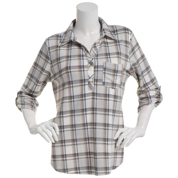 Petite  Emily Daniels 3/4 Sleeve Plaid Hacci Blouse - Grey/Ivory alternate view