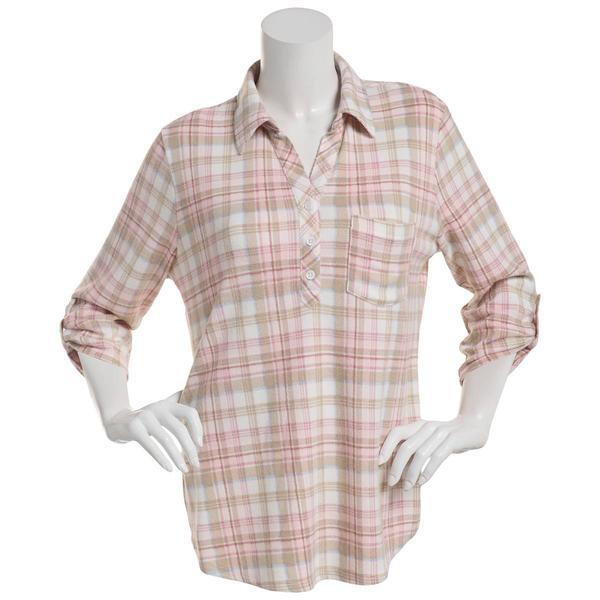 Plus Size Emily Daniels 3/4 Sleeve Plaid Hacci Blouse- Pink/Cream