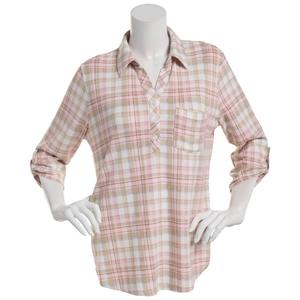 Plus Size Emily Daniels 3/4 Sleeve Plaid Hacci Blouse- Pink/Cream