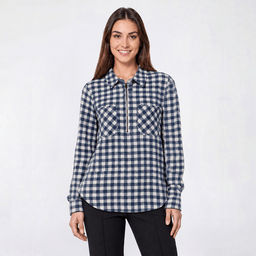 Petite Emily Daniels Long Sleeve Plaid Pocket Zip Neck Blouse alternate view