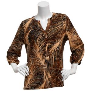 Plus Size Emily Daniels 3/4 Sleeve Foil Feather Split Neck Blouse