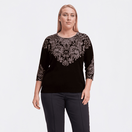 Plus Size Emily Daniels 3/4 Sleeve Rhinestone Paisley Sweater