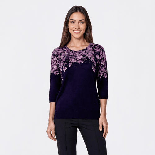 Womens Emily Daniels 3/4 Sleeve Floral Rhinestone Sweater