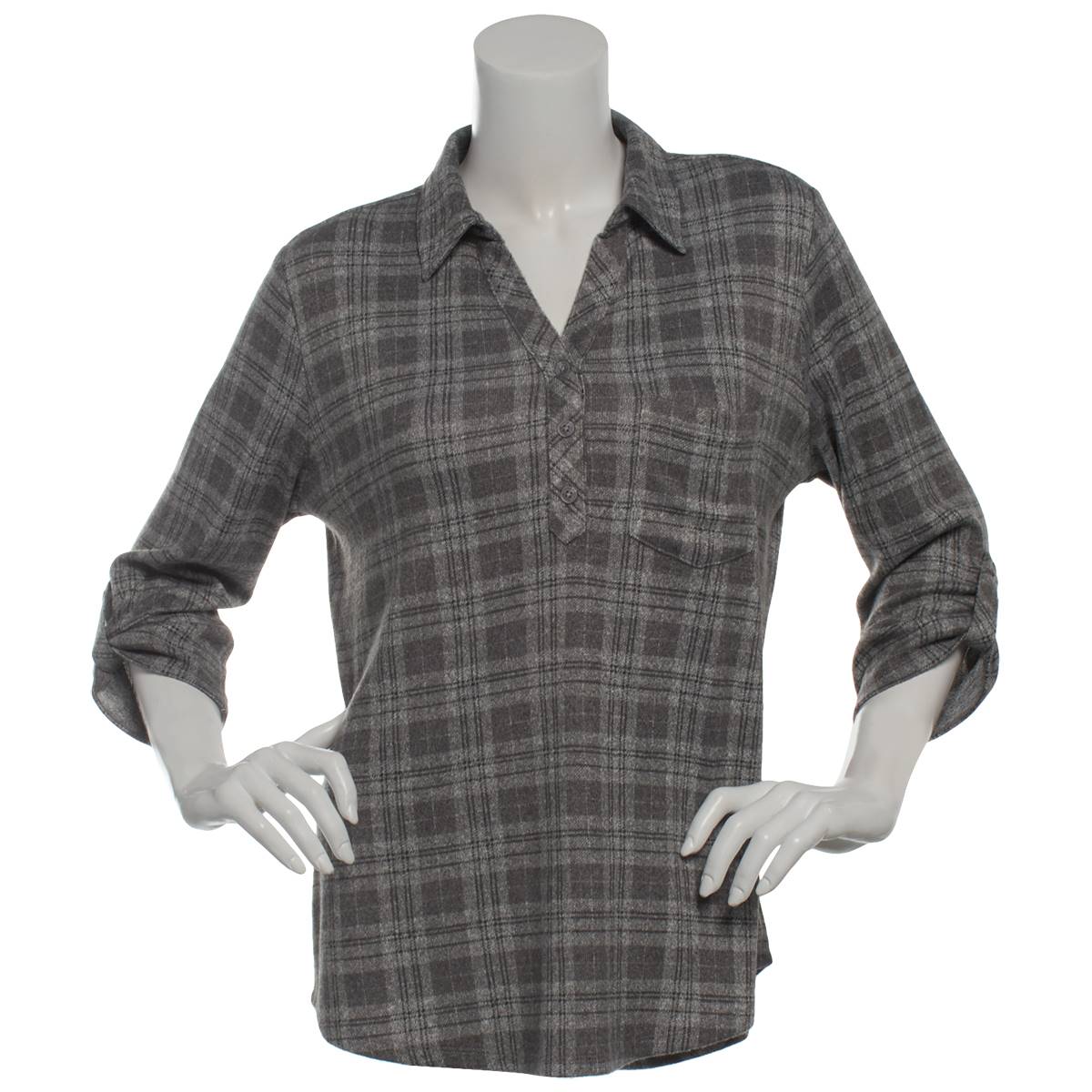 Womens Emily Daniels 3/4 Sleeve Grey Plaid Henley Blouse