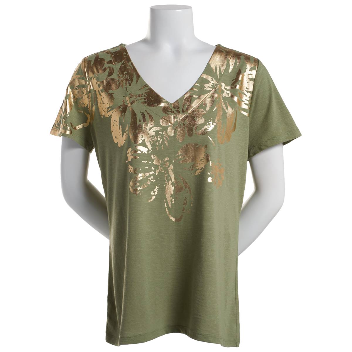 Womens Emily Daniels Short Sleeve Foil Tropical Floral V-Neck Tee