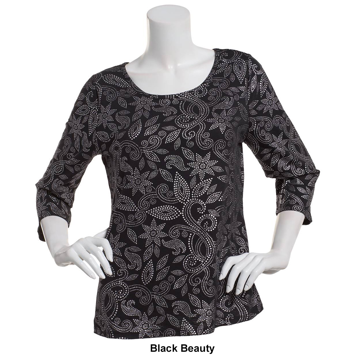 Womens Emily Daniels 3/4 Sleeve Scoop Neck Foil Scroll Tee