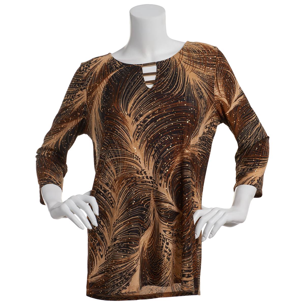 Plus Size Emily Daniels 3/4 Sleeve Bar Keyhole Foil Leaf Blouse